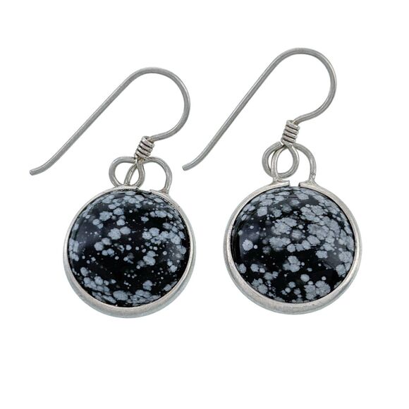 Vintage Sterling Silver 925 Black Snowflake Obsidian Disk Dangle Earrings - Picture 1 of 4